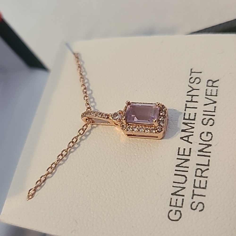 ROSE GOLD GENUINE AMETHYST STERLING SILVER 18" PENDANT & MATCHING RING - Picture 9 of 15